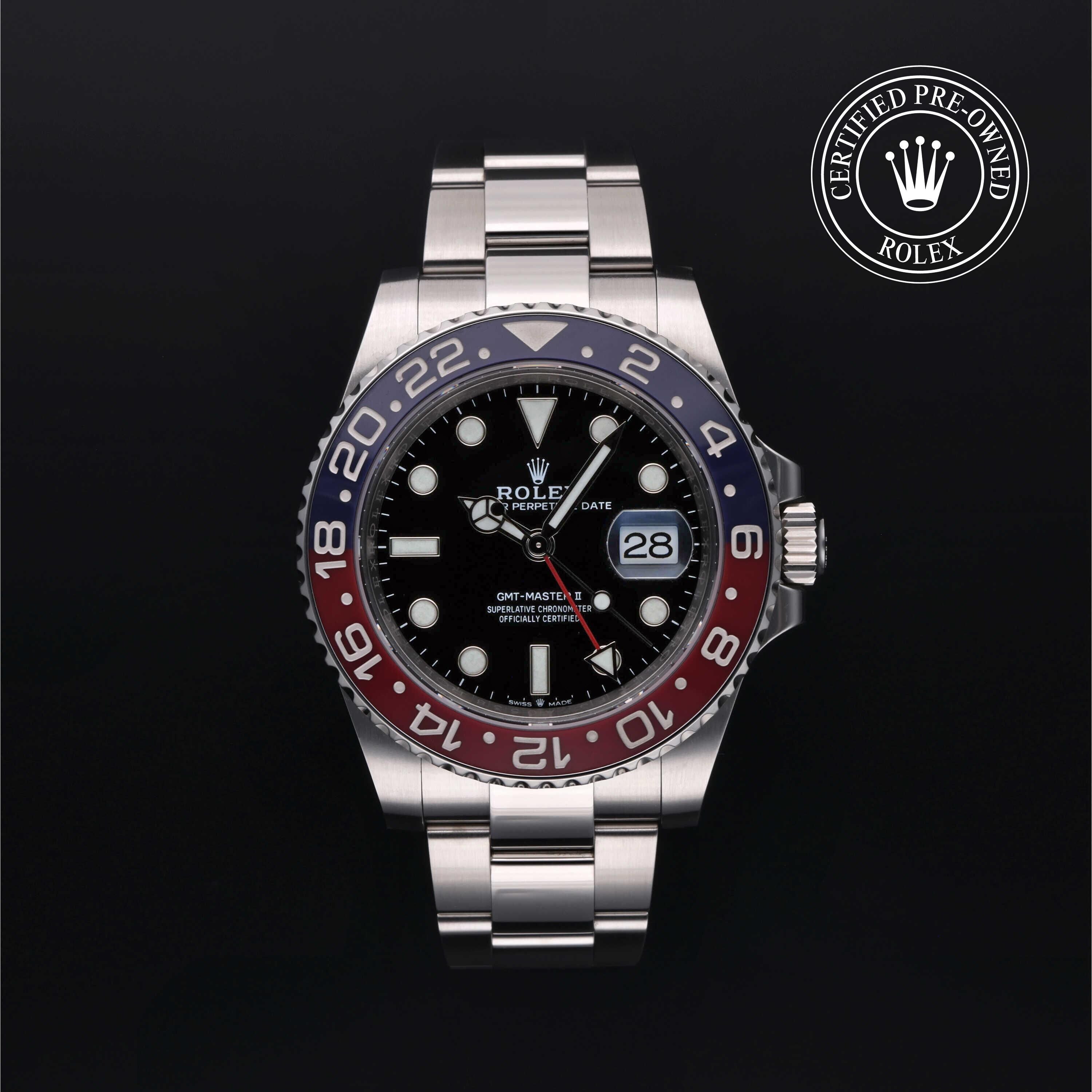 Rolex Certified Pre-owned GMT M126710BLRO-0002 front on black background