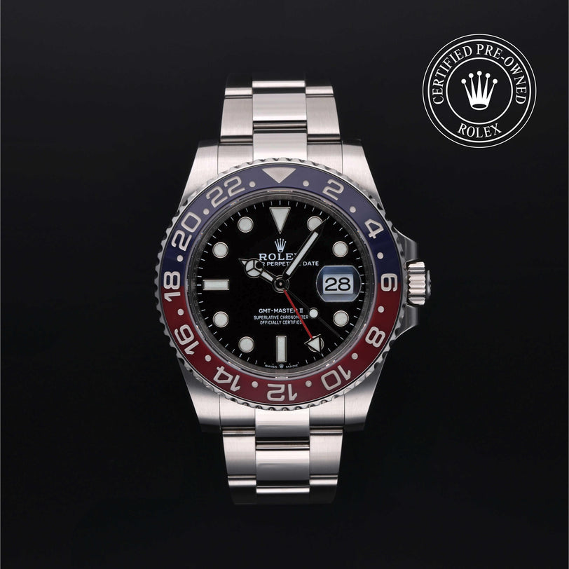 Rolex Certified Pre-owned GMT M126710BLRO-0002 front on black background