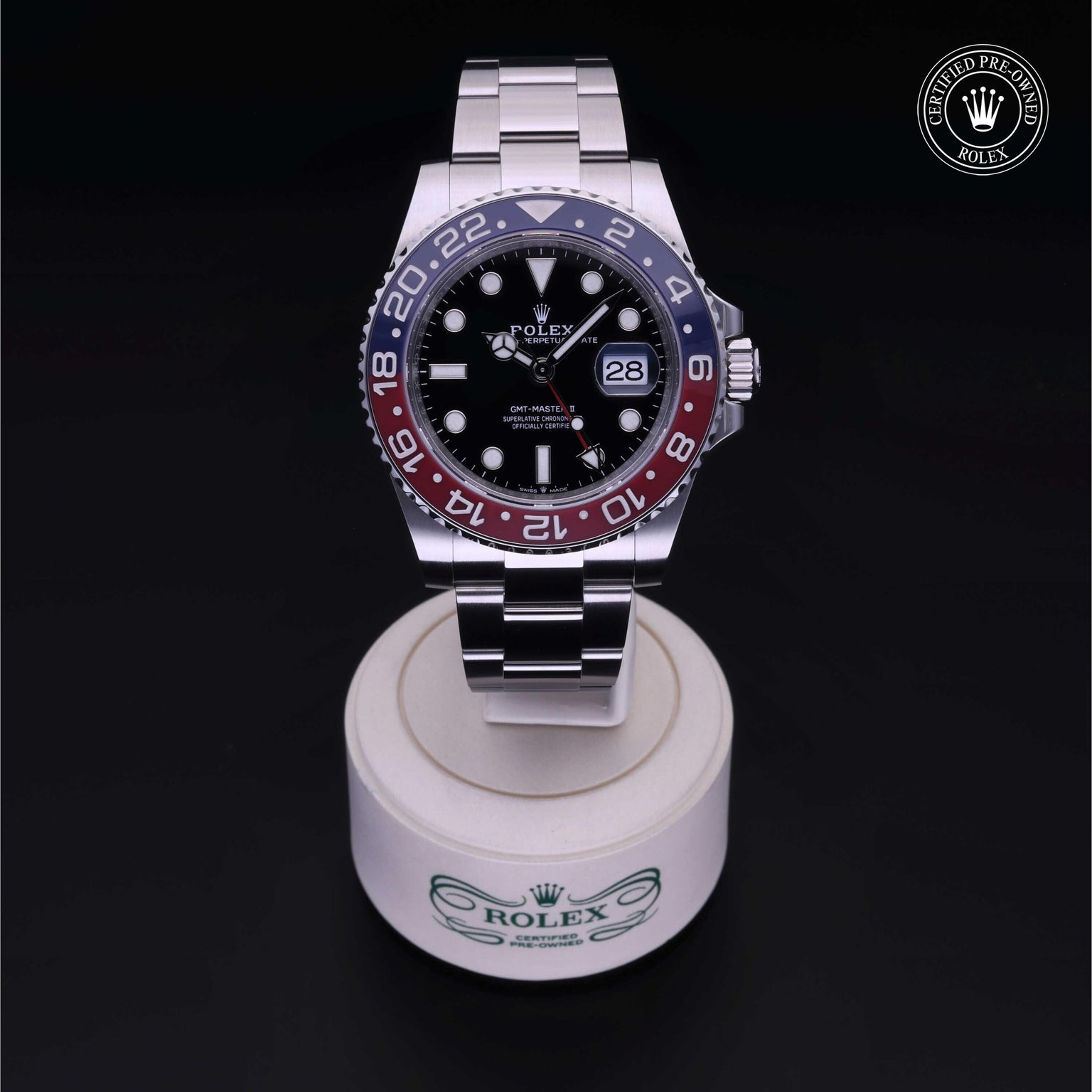 Rolex Certified Pre-owned GMT M126710BLRO-0002 front on black background