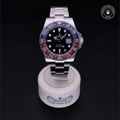 Rolex Certified Pre-owned GMT M126710BLRO-0002 front on black background