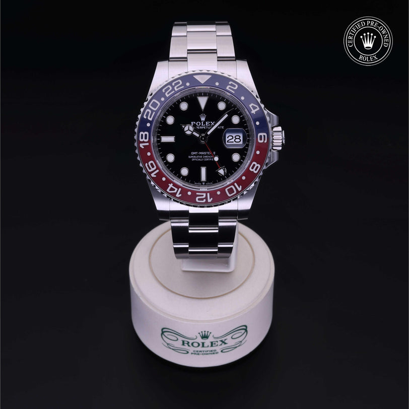 Rolex Certified Pre-owned GMT M126710BLRO-0002 front on black background