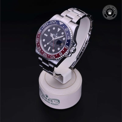 Rolex Certified Pre-owned GMT M126710BLRO-0002 front on black background