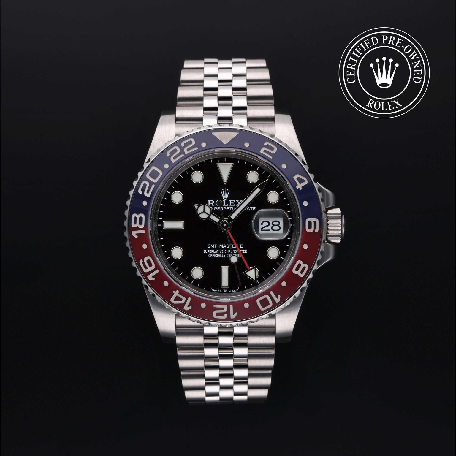 Rolex Certified Pre-owned GMT M126710BLRO-0001 front on black background