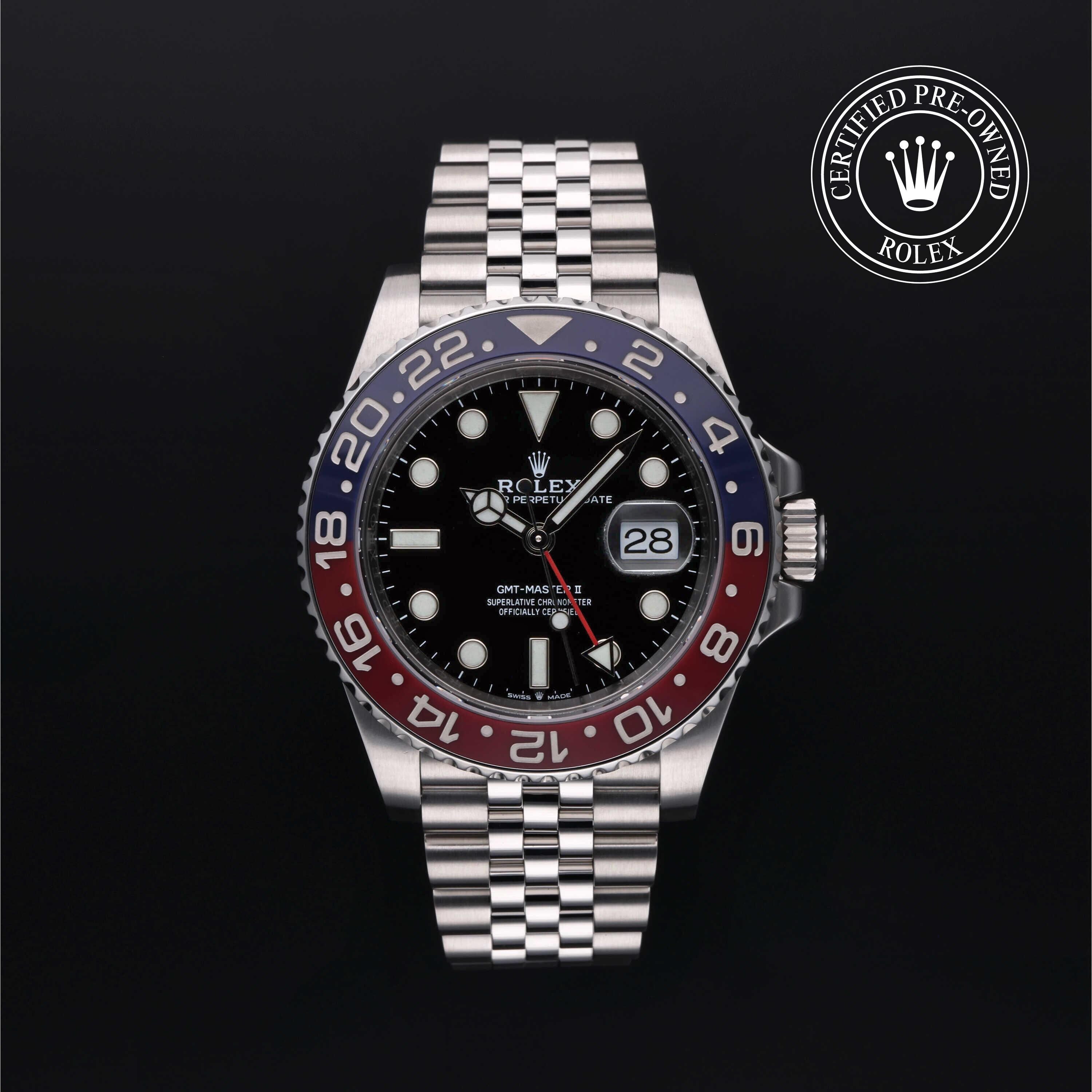 Rolex Certified Pre-owned GMT M126710BLRO-0001 front on black background