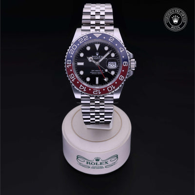 Rolex Certified Pre-owned GMT M126710BLRO-0001 front on black background