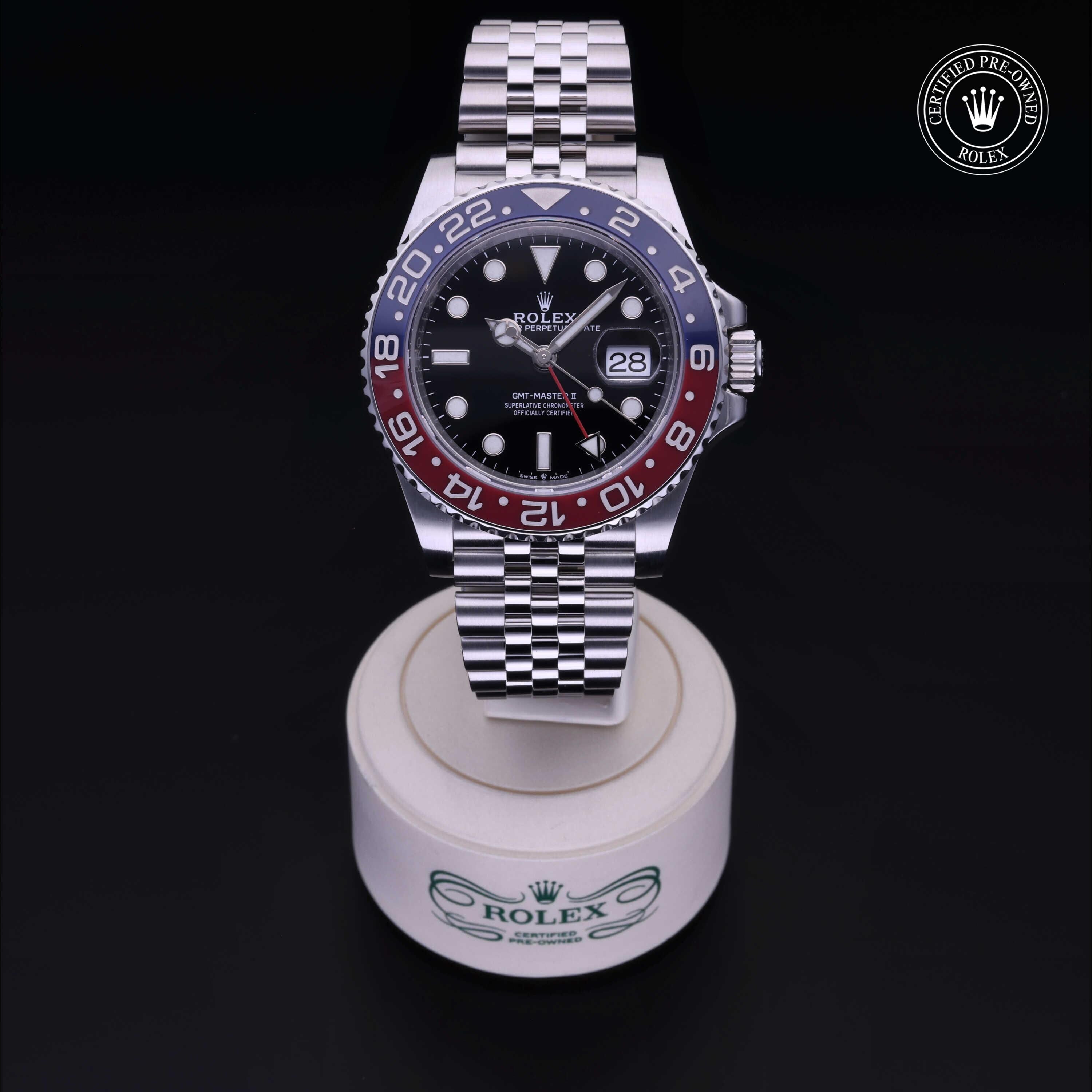 Rolex Certified Pre-owned GMT M126710BLRO-0001 front on black background