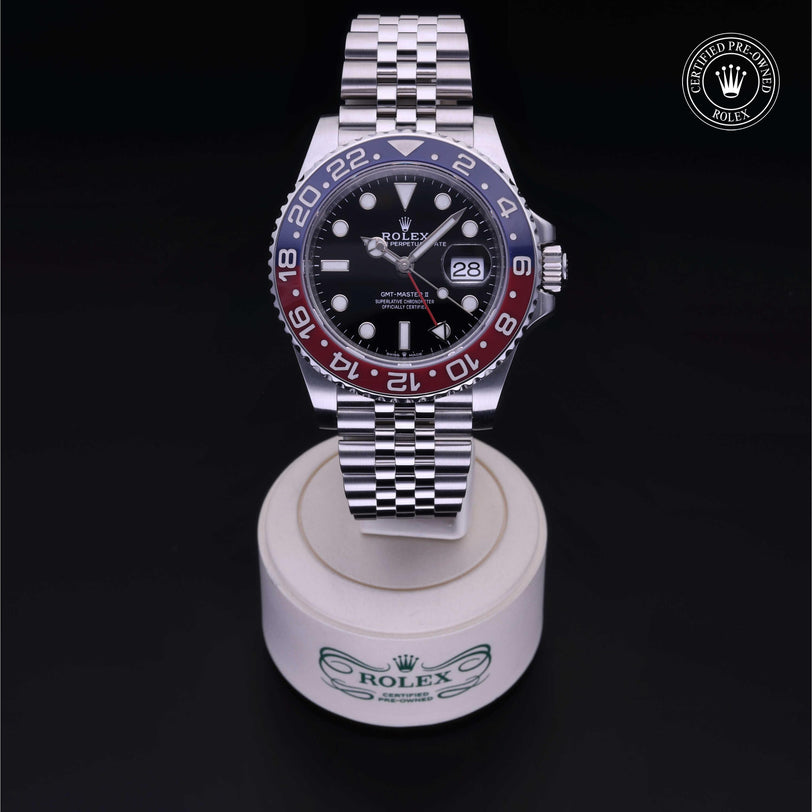Rolex Certified Pre-owned GMT M126710BLRO-0001 front on black background