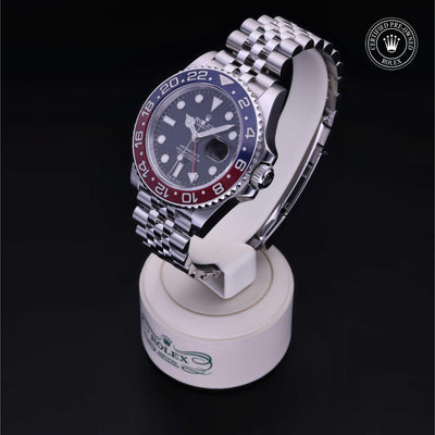 Rolex Certified Pre-owned GMT M126710BLRO-0001 front on black background