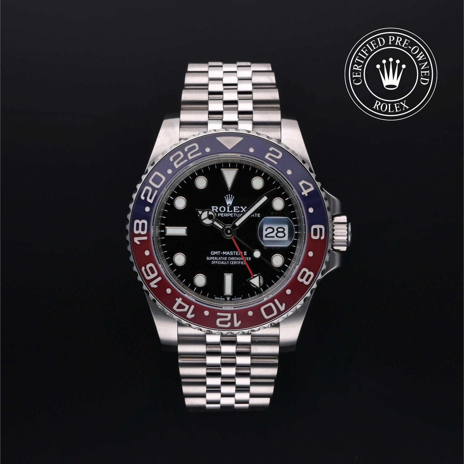 Rolex Certified Pre-owned GMT M126710BLRO-0001 front on black background