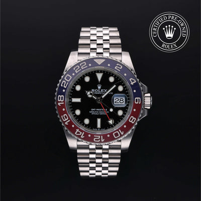 Rolex Certified Pre-owned GMT M126710BLRO-0001 front on black background