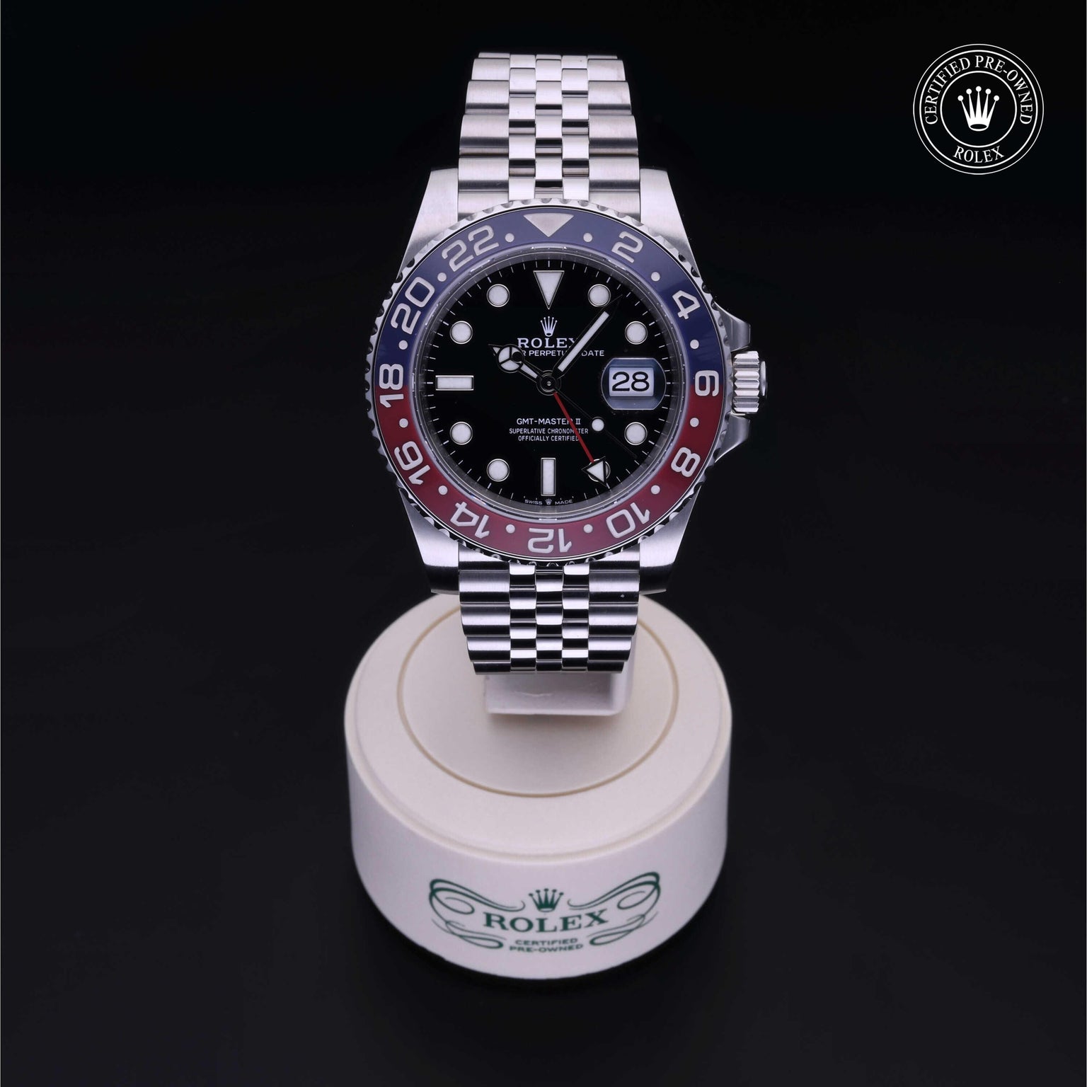 Rolex Certified Pre-owned GMT M126710BLRO-0001 front on black background