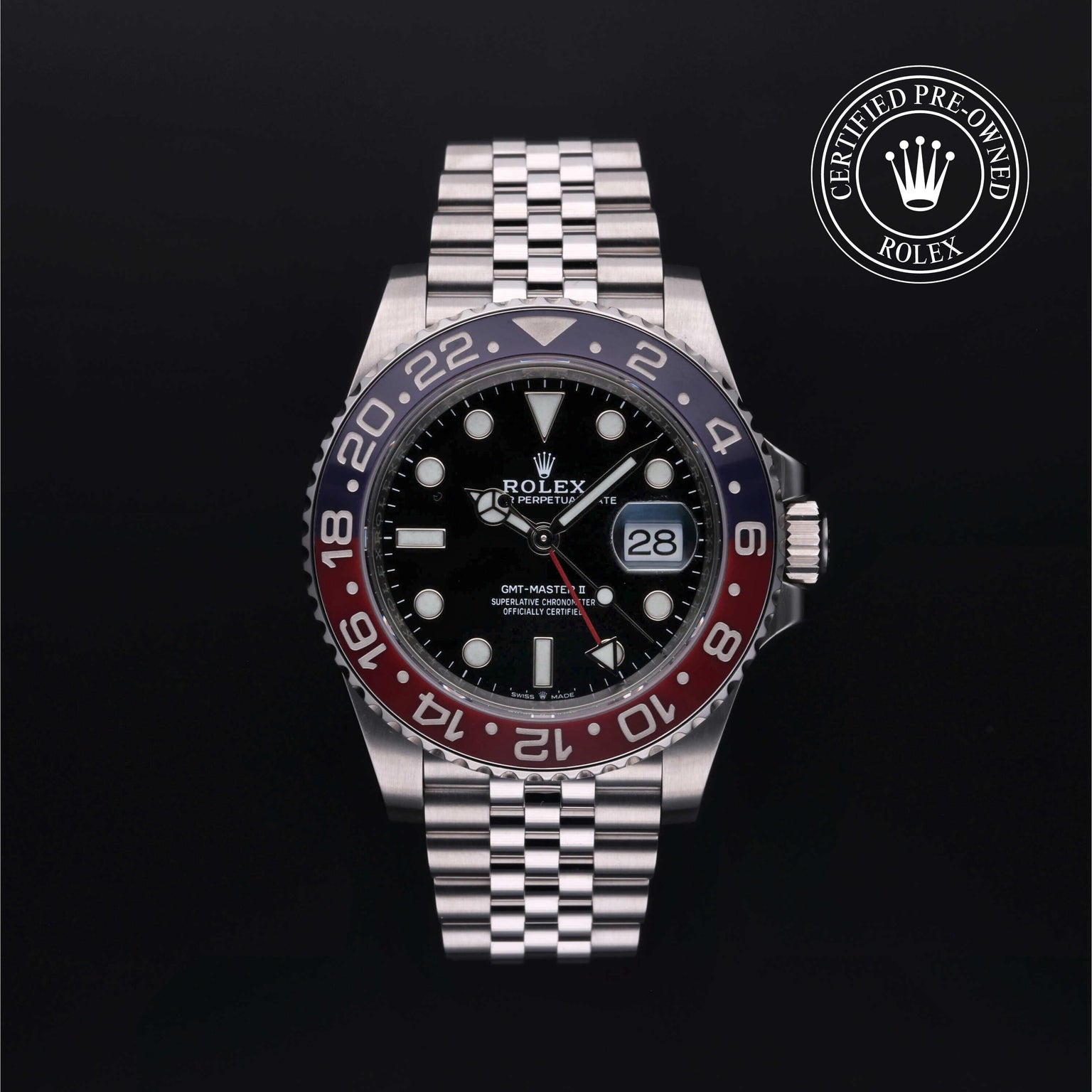 Rolex Certified Pre-owned GMT M126710BLRO-0001 front on black background