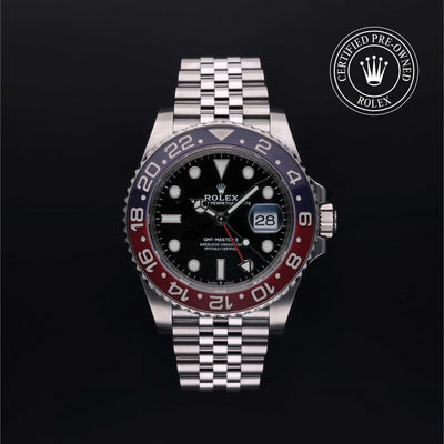 Rolex Certified Pre-owned GMT M126710BLRO-0001 front on black background