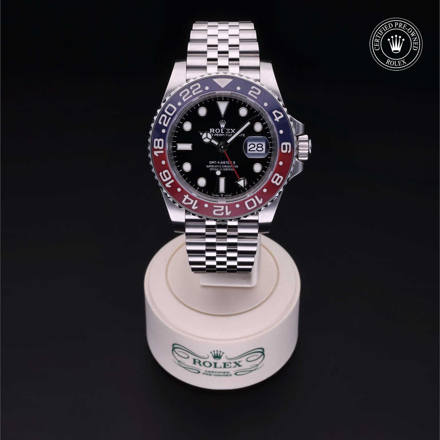 Rolex Certified Pre-owned GMT M126710BLRO-0001 front on black background
