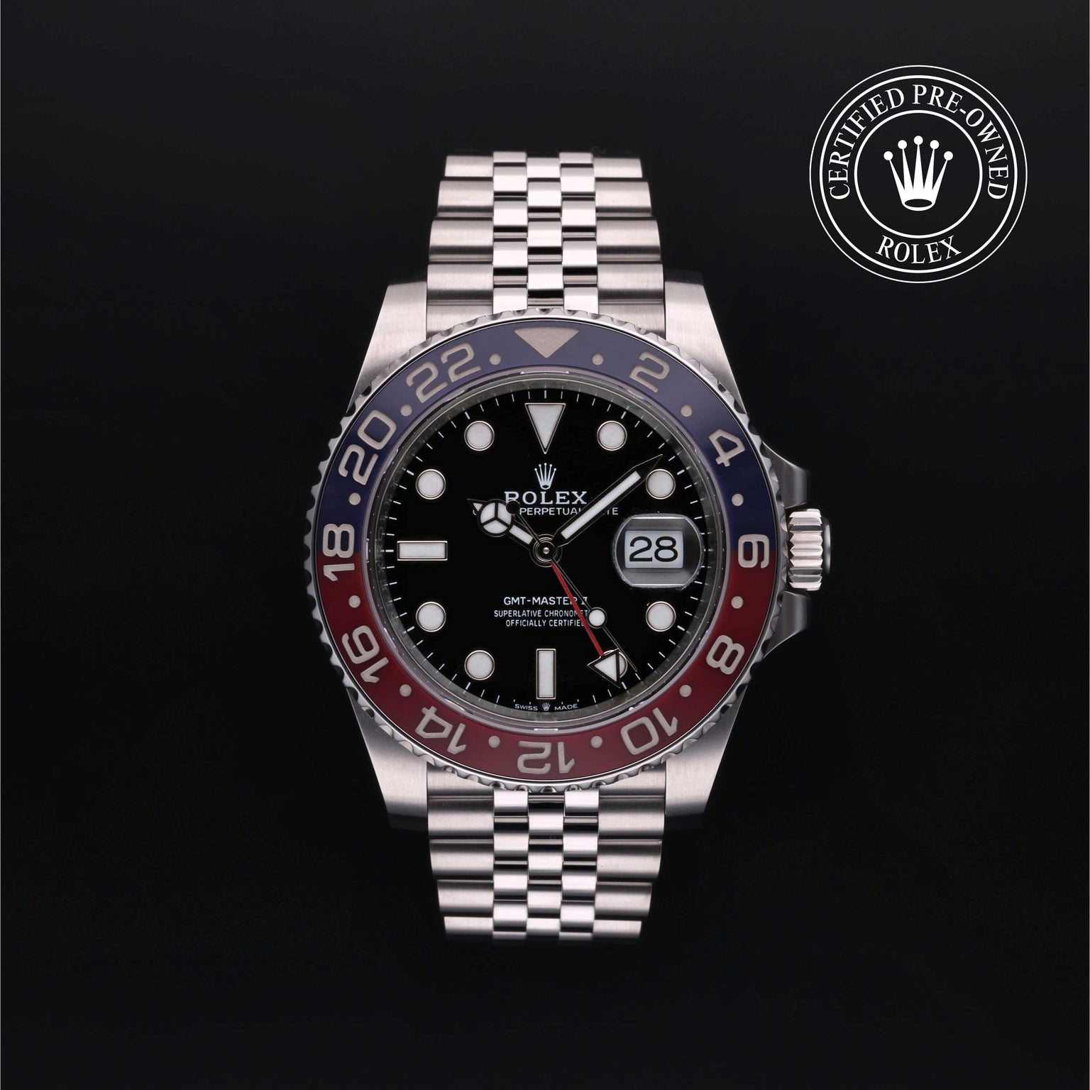 Rolex Certified Pre-owned GMT II M126710BLRO-0001 front on black background