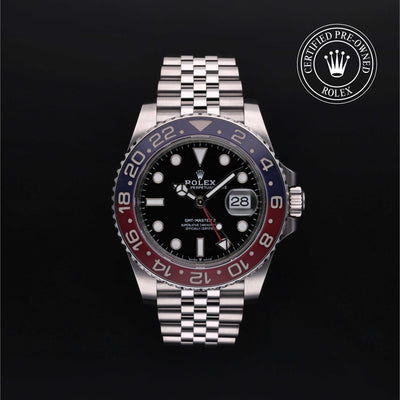 Rolex Certified Pre-owned GMT II M126710BLRO-0001 front on black background