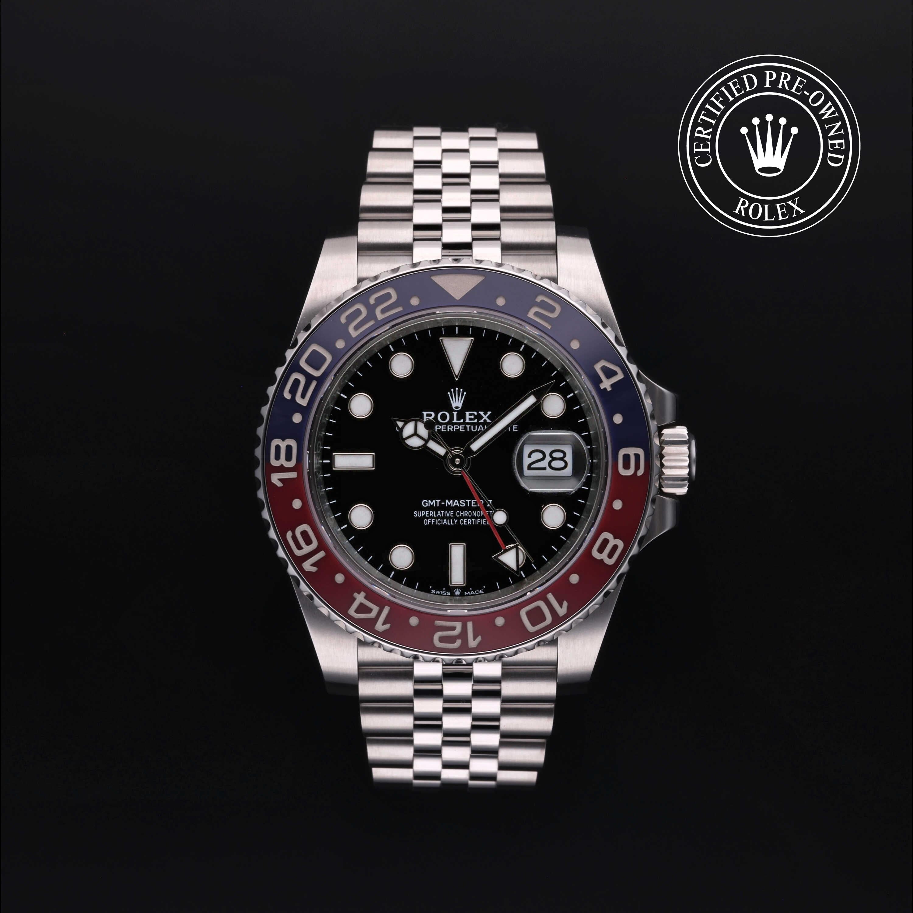 Rolex Certified Pre-owned GMT II M126710BLRO-0001 front on black background