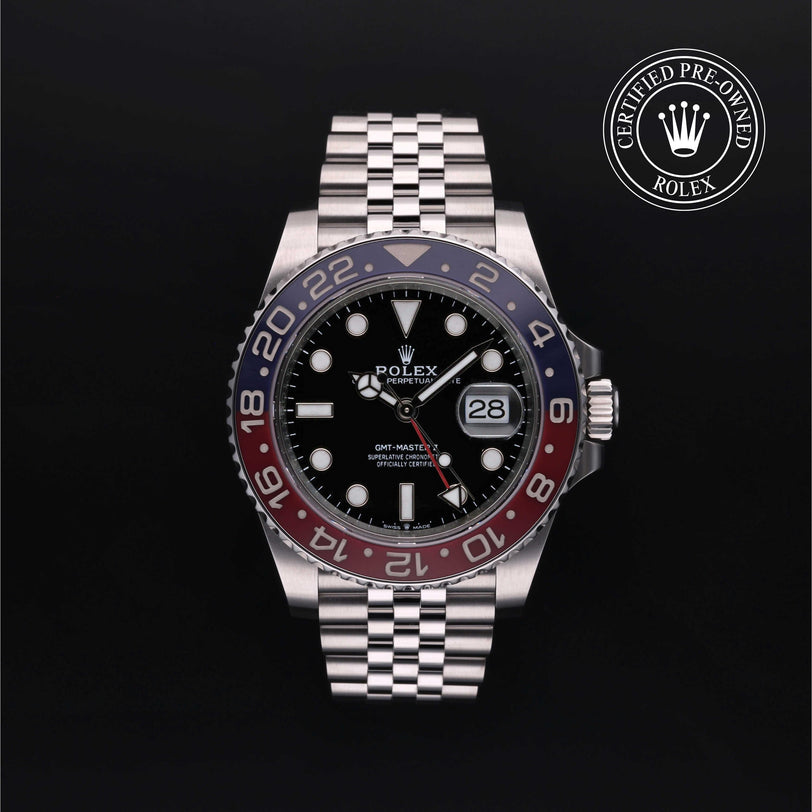 Rolex Certified Pre-owned GMT II M126710BLRO-0001 front on black background