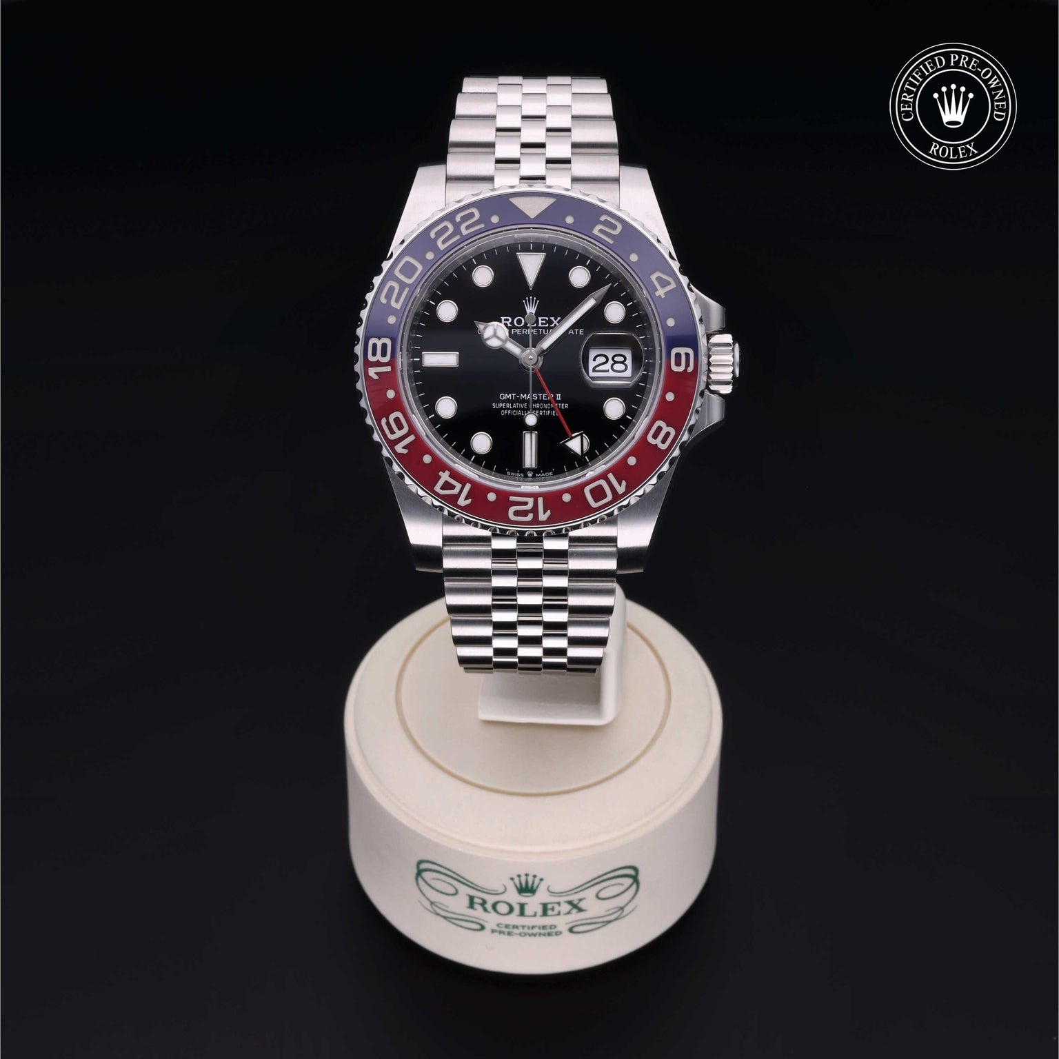 Rolex Certified Pre-owned GMT II M126710BLRO-0001 front on black background