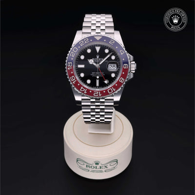 Rolex Certified Pre-owned GMT II M126710BLRO-0001 front on black background