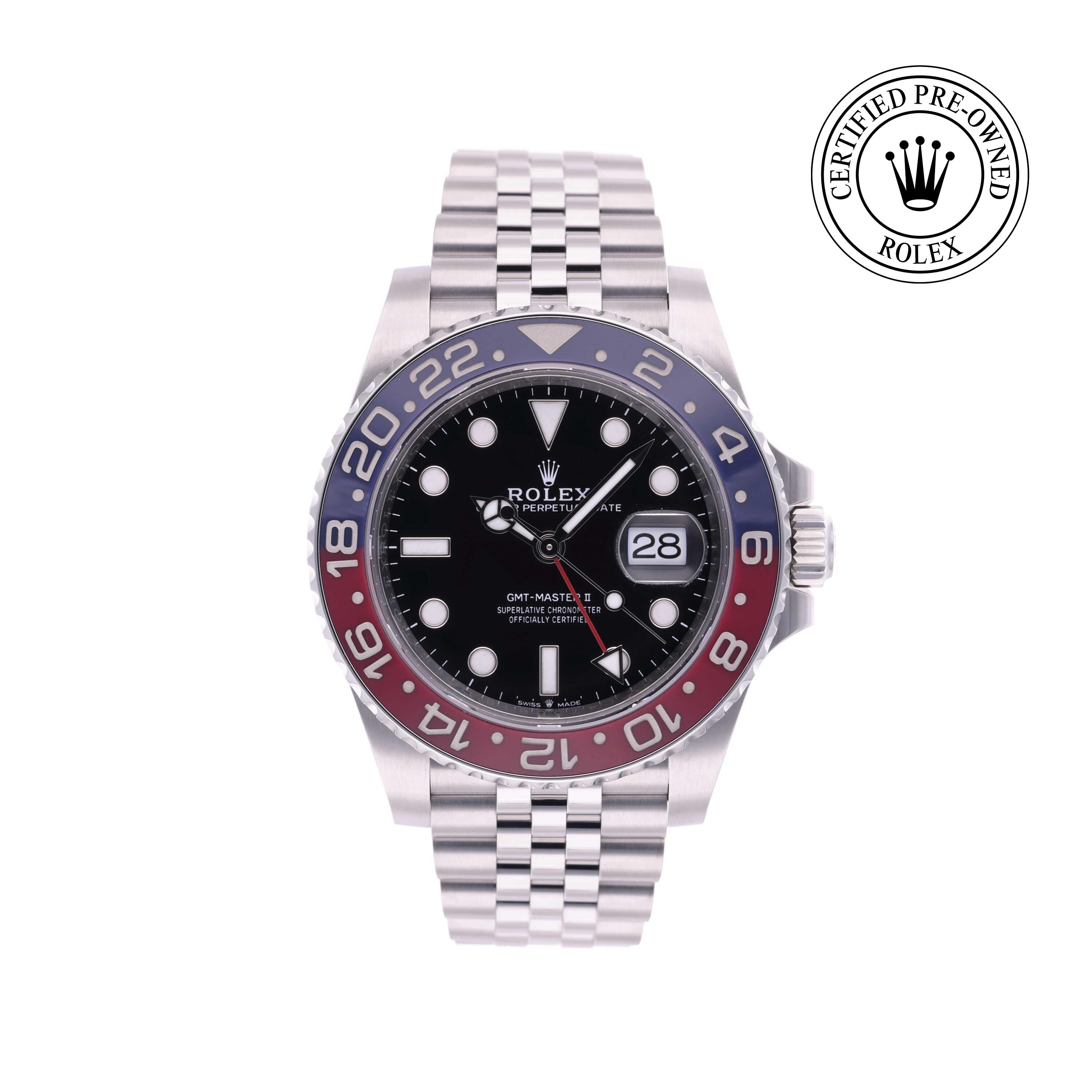 Rolex Certified Pre-owned GMT II M126710BLRO-0001 front on white background
