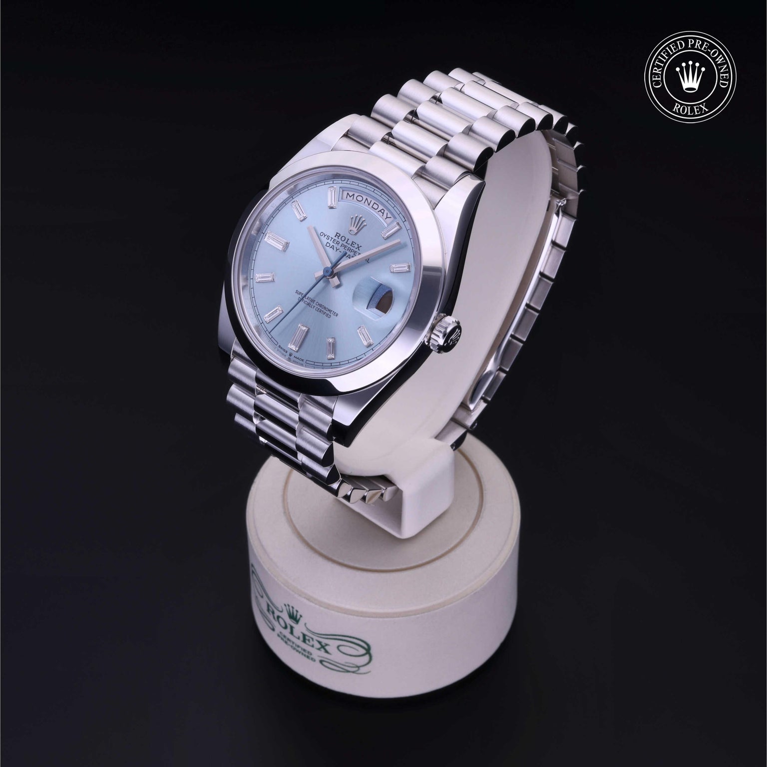 Rolex Certified Pre-owned Day-date M228206-0002 front on black background