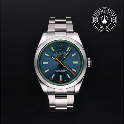 Rolex Certified Pre-owned Milgauss M116400GV-0002 front on black background