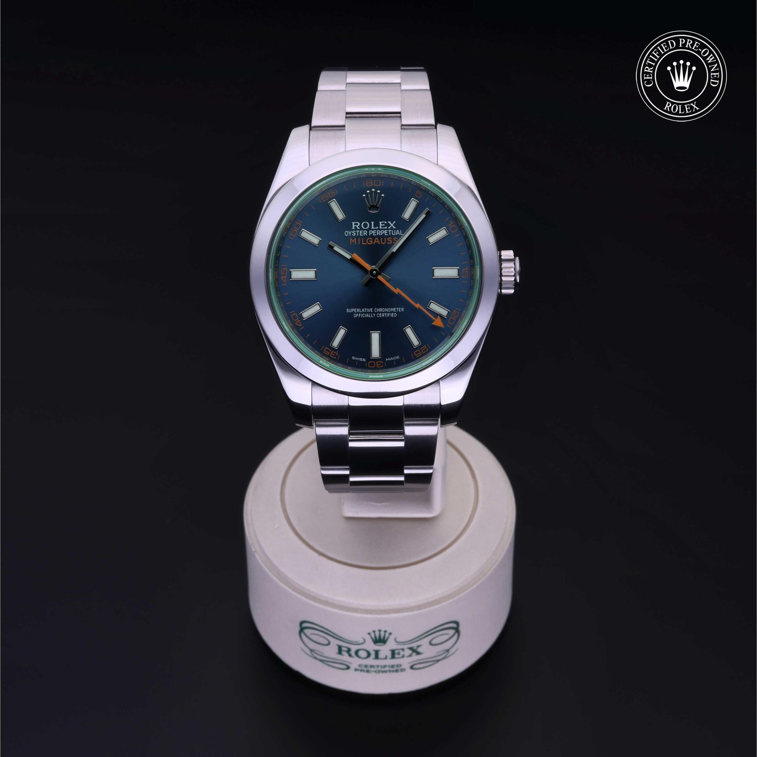 Rolex Certified Pre-owned Milgauss M116400GV-0002 front on black background