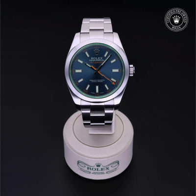 Rolex Certified Pre-owned Milgauss M116400GV-0002 front on black background