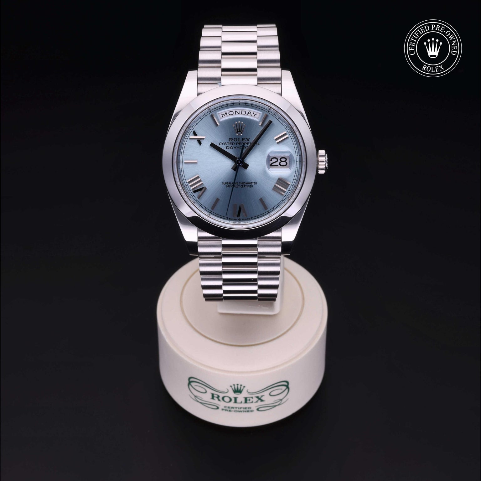 Rolex Certified Pre-owned Day-date M228206-0044 front on black background