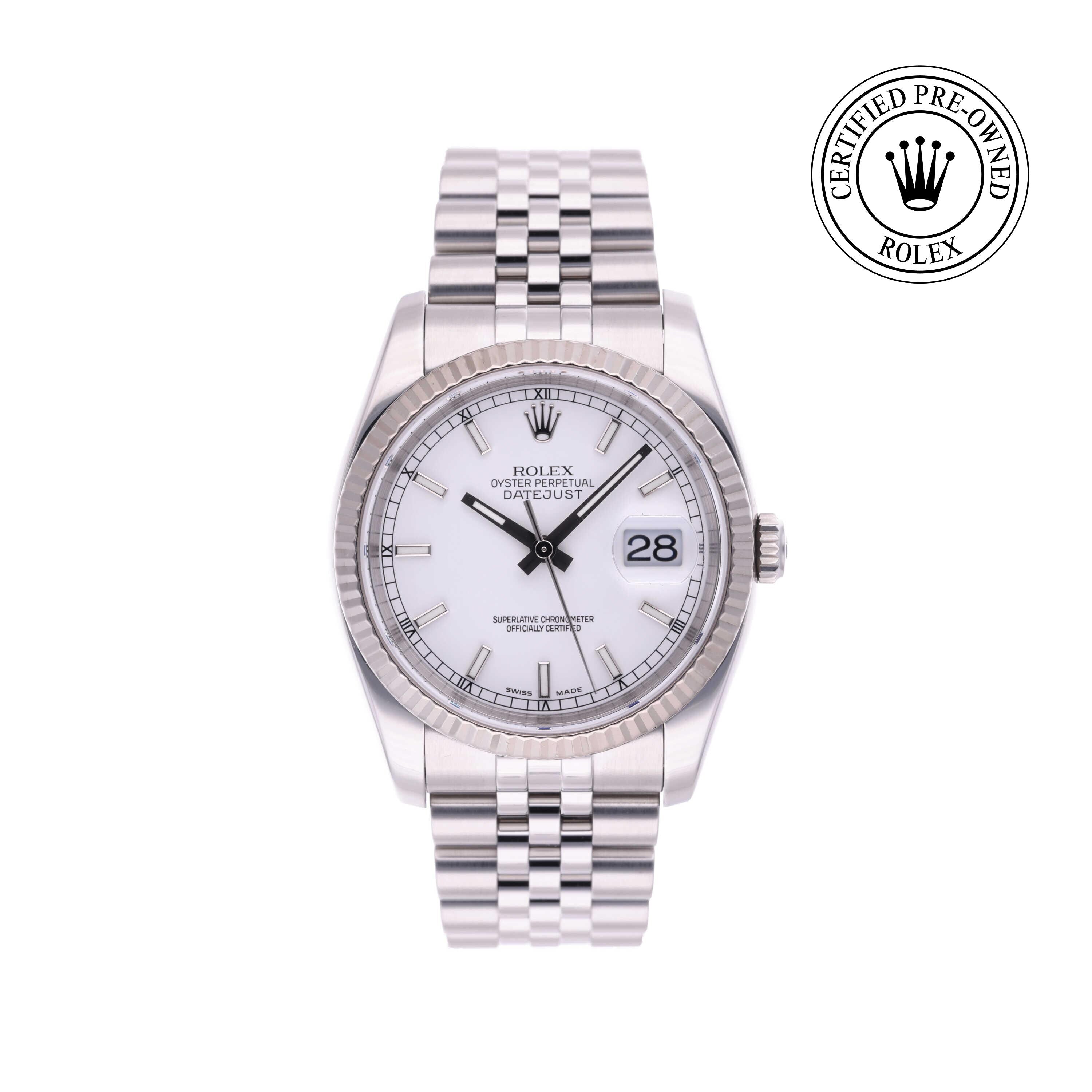 Rolex Certified Pre-owned Datejust M116234-0014 front on white background
