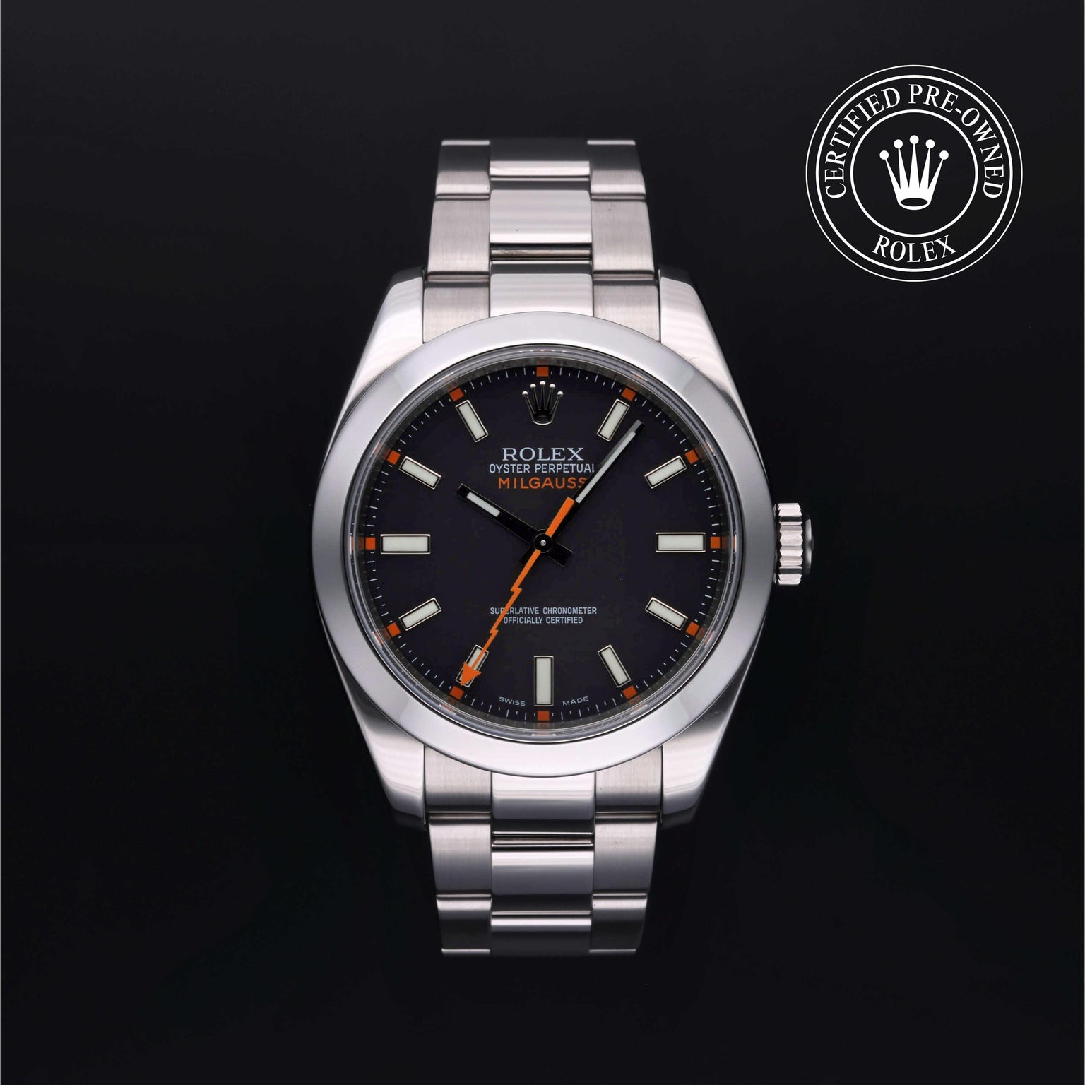 Rolex Certified Pre-owned Milgauss M116400-0001 front on black background