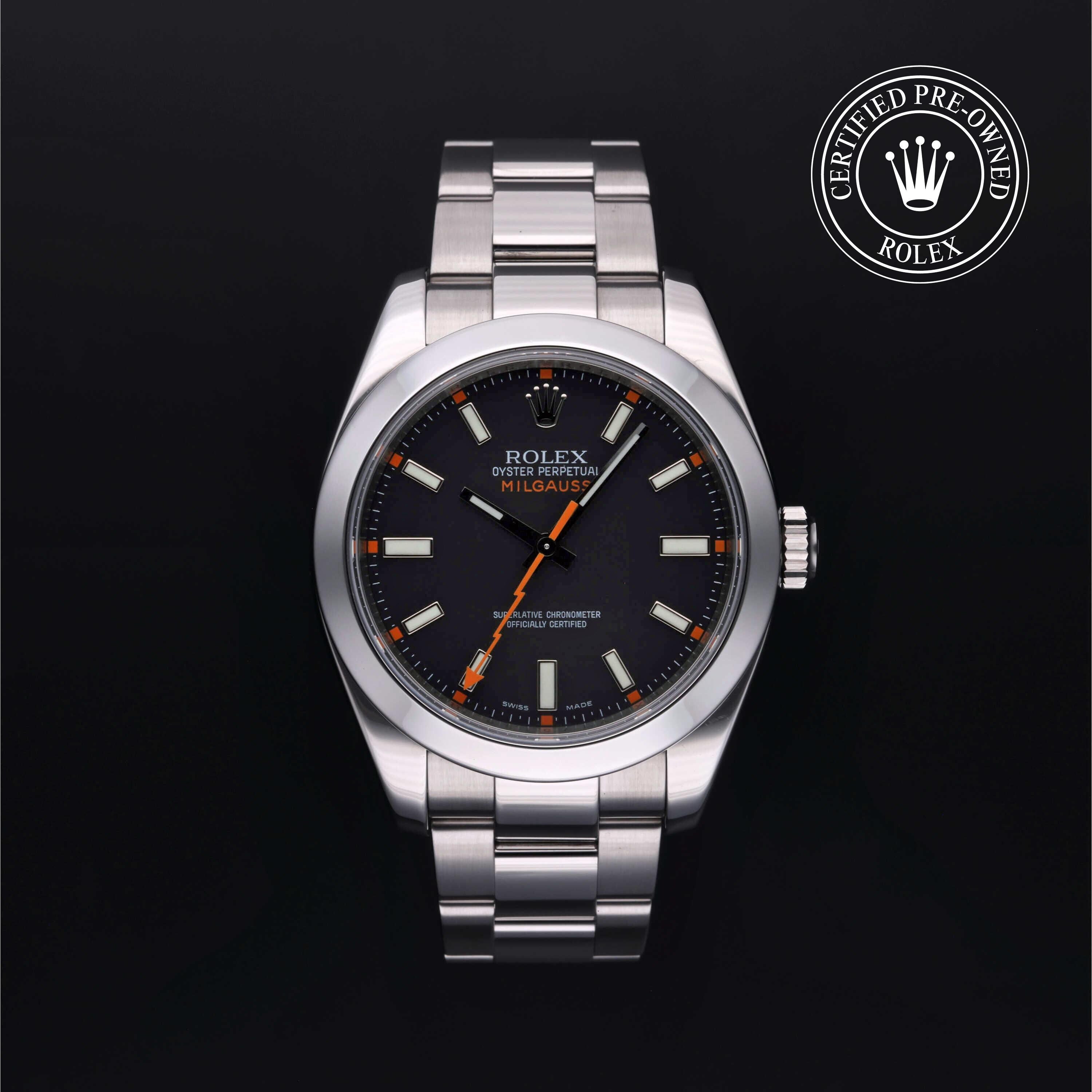 Rolex Certified Pre-owned Milgauss M116400-0001 front on black background