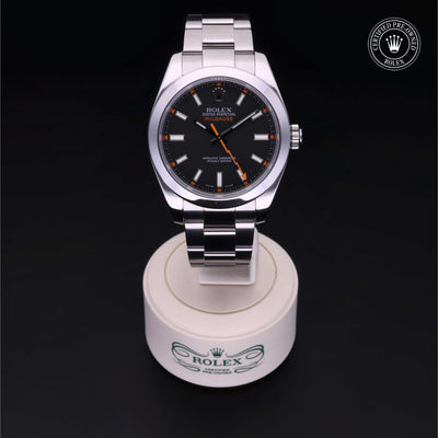 Rolex Certified Pre-owned Milgauss M116400-0001 front on black background