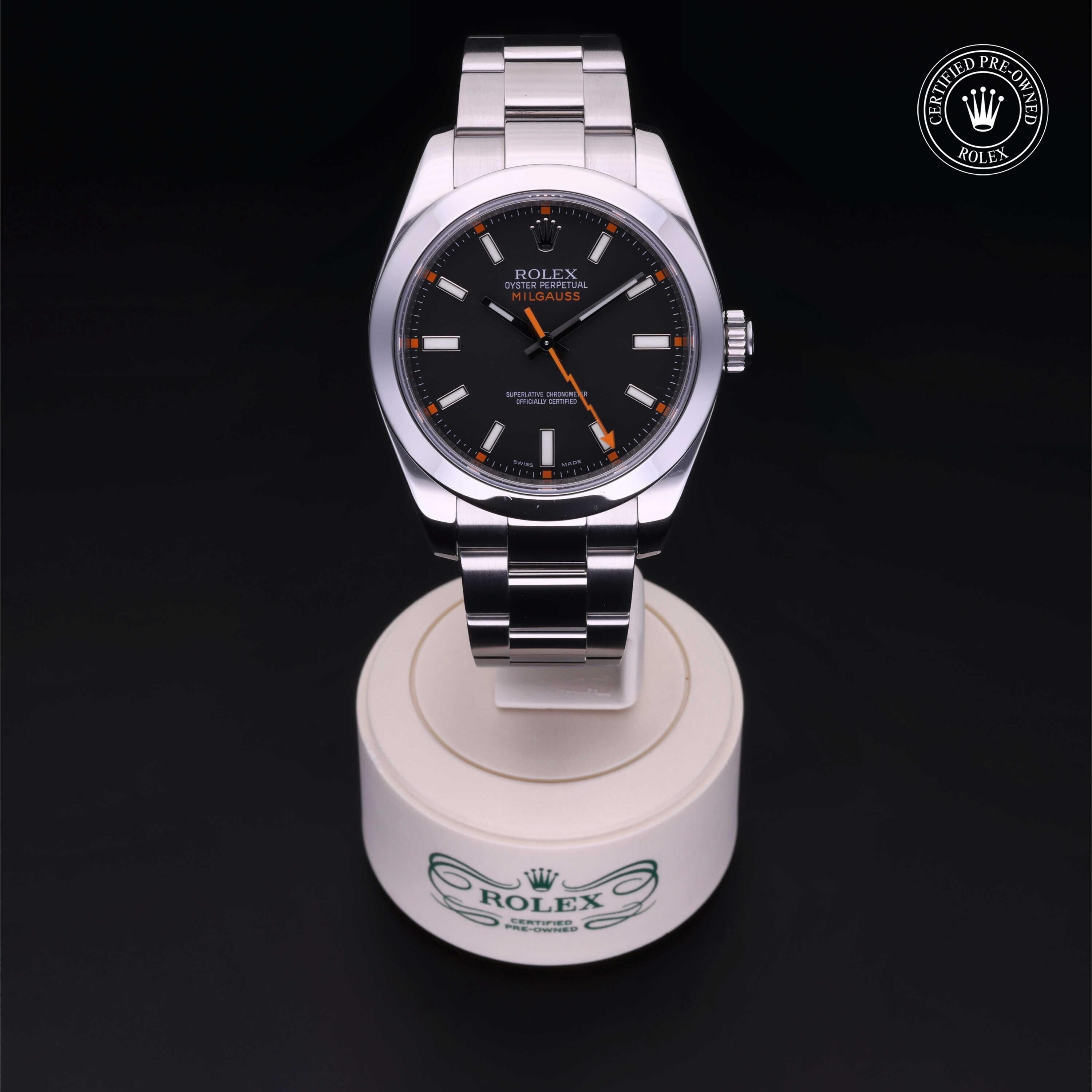 Rolex Certified Pre-owned Milgauss M116400-0001 front on black background