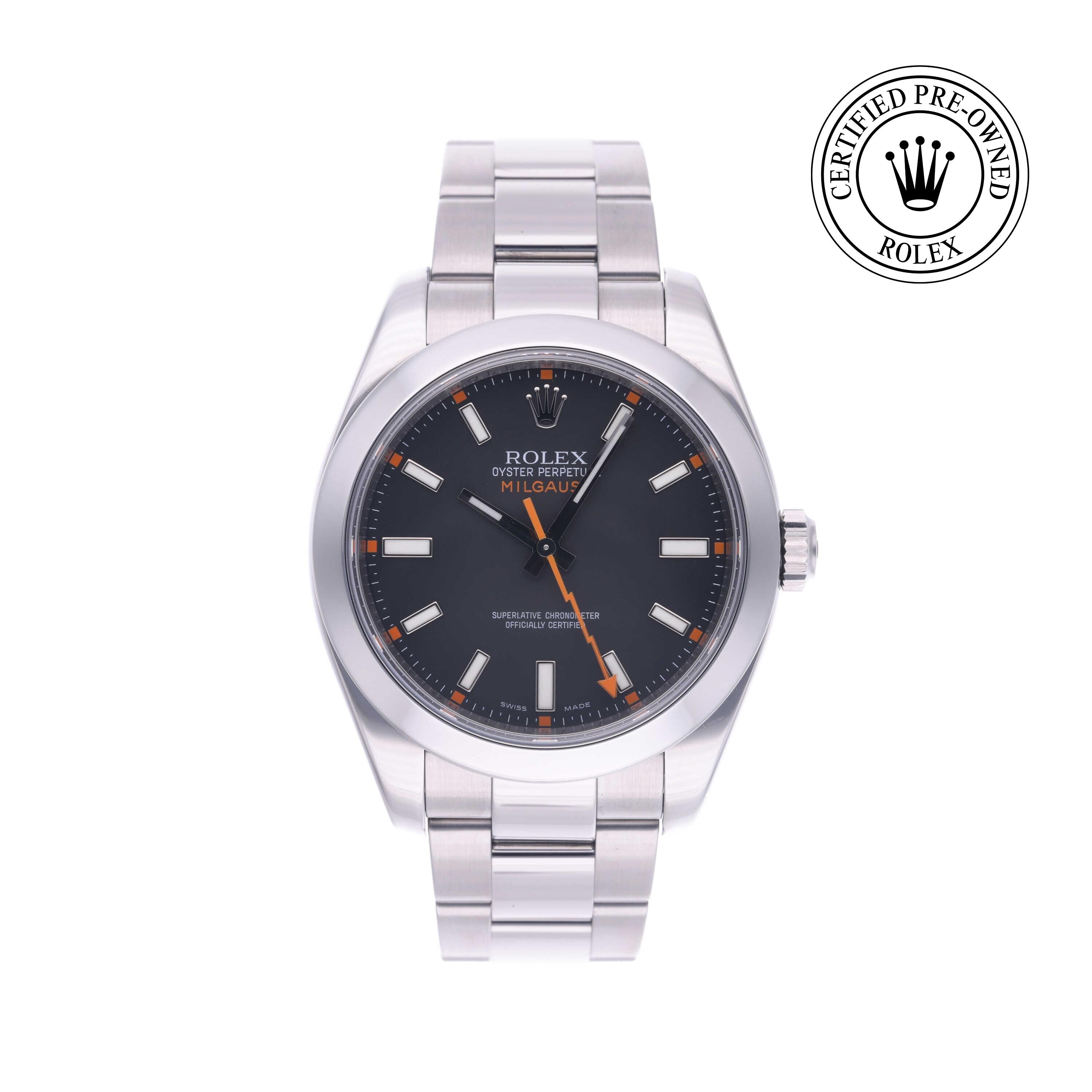 Rolex Certified Pre-owned Milgauss M116400-0001 front on white background