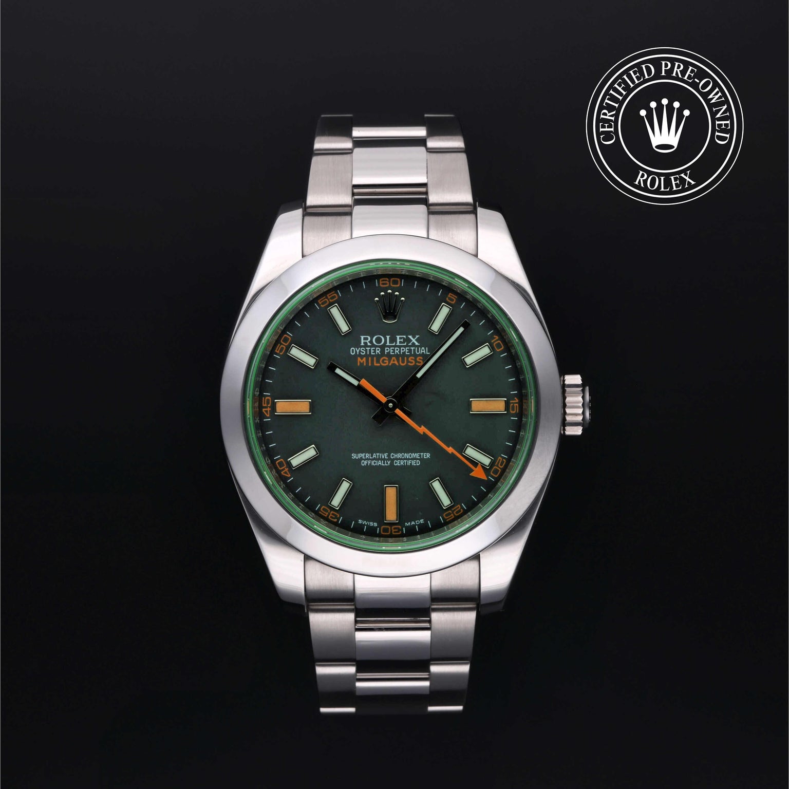 Rolex Certified Pre-owned Milgauss M116400GV-0001 front on black background