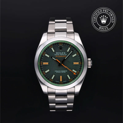 Rolex Certified Pre-owned Milgauss M116400GV-0001 front on black background