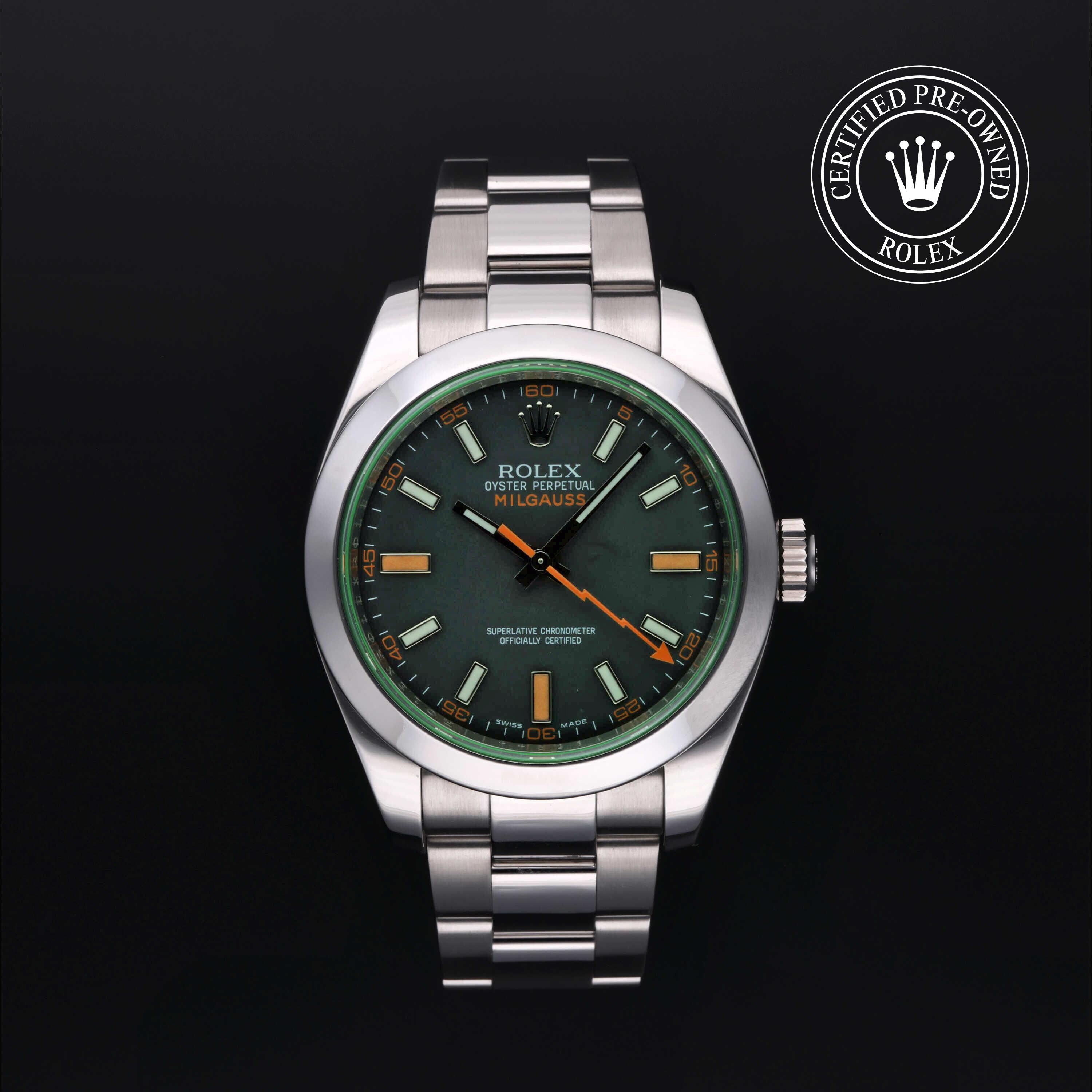 Rolex Certified Pre-owned Milgauss M116400GV-0001 front on black background