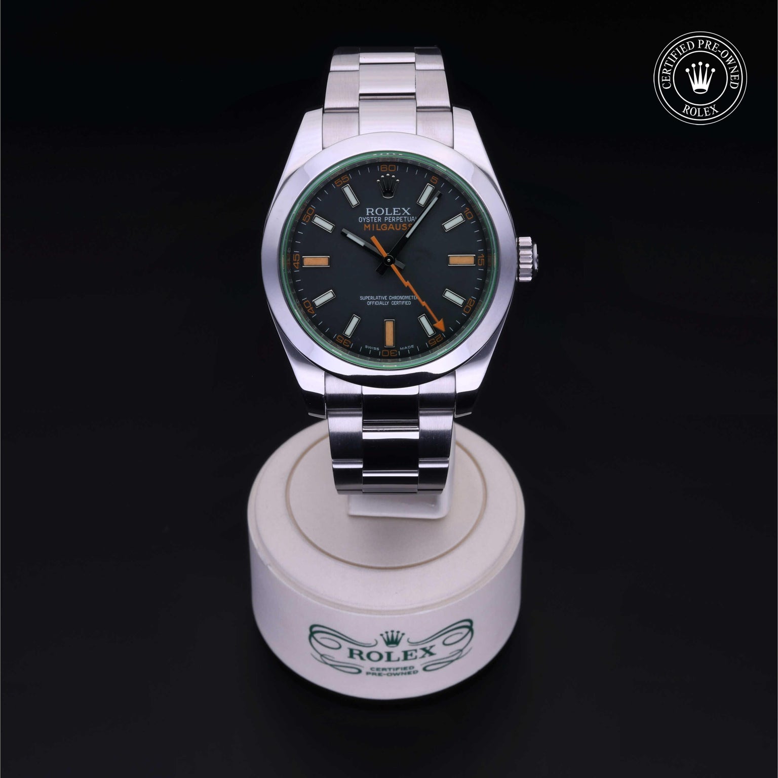 Rolex Certified Pre-owned Milgauss M116400GV-0001 front on black background