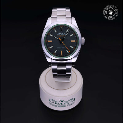 Rolex Certified Pre-owned Milgauss M116400GV-0001 front on black background