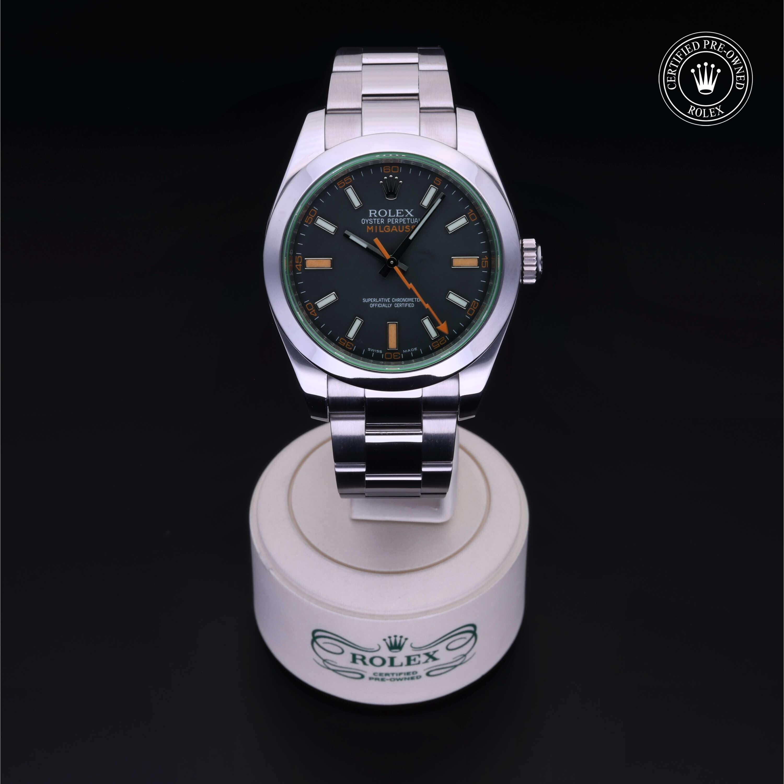 Rolex Certified Pre-owned Milgauss M116400GV-0001 front on black background