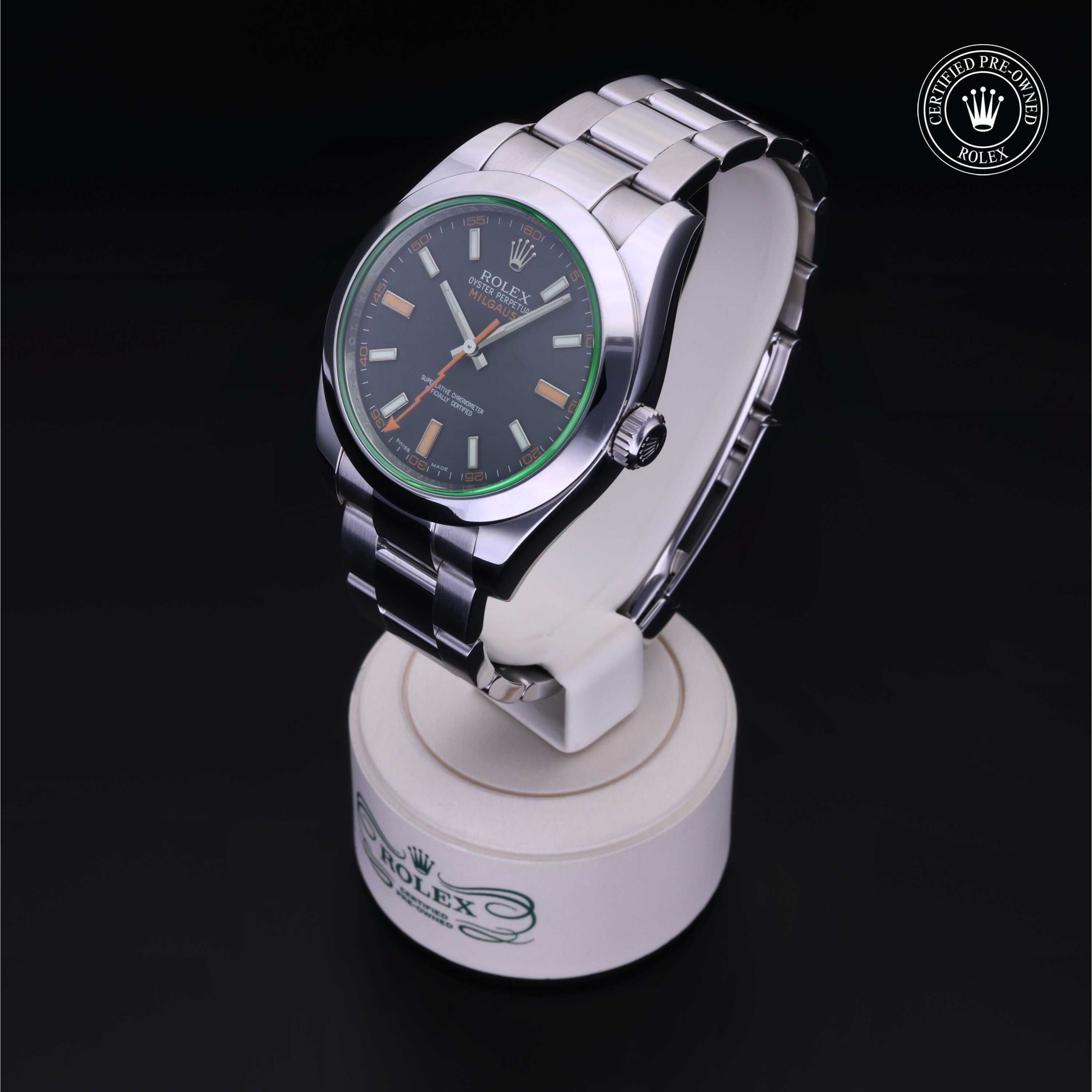 Rolex Certified Pre-owned Milgauss M116400GV-0001 front on black background