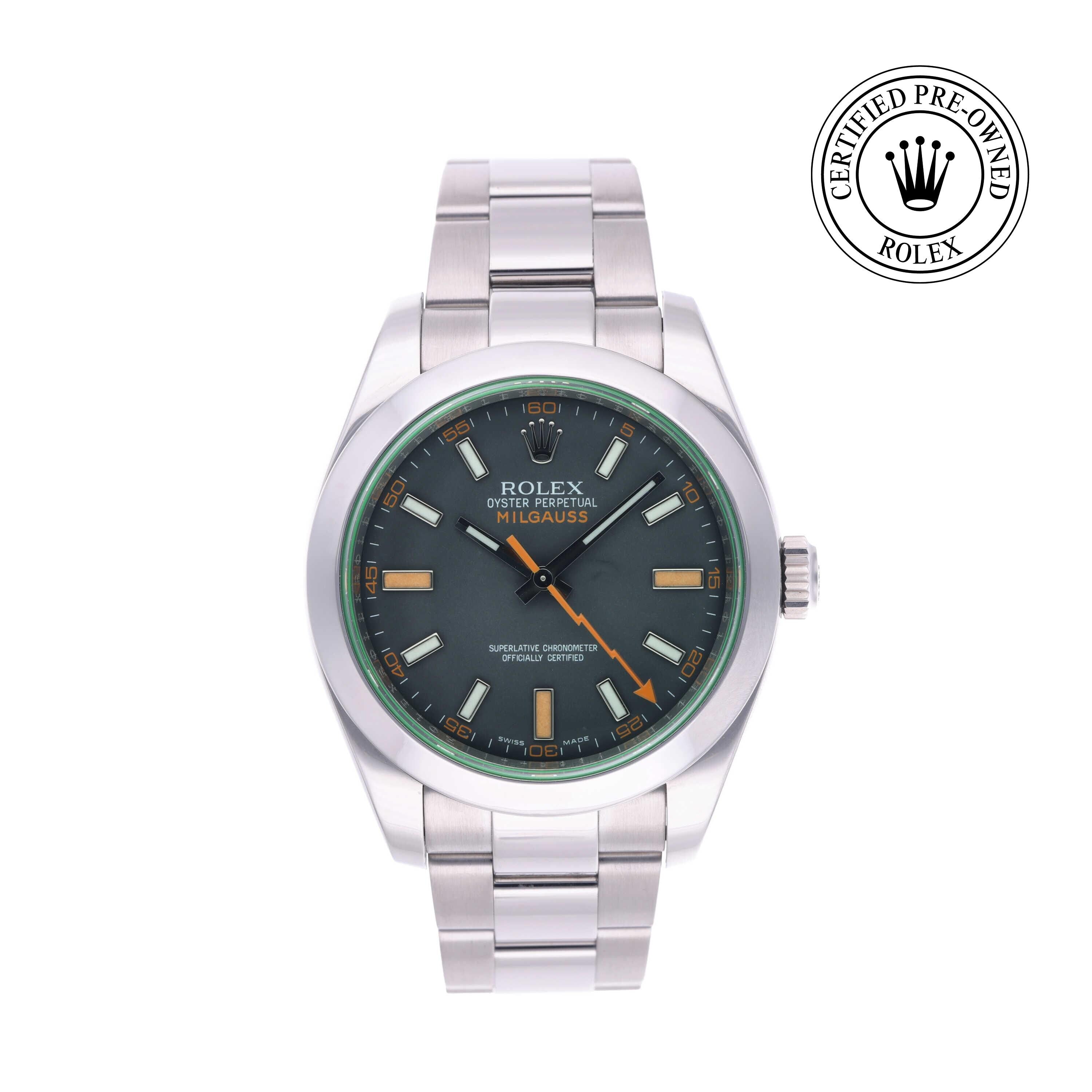 Rolex Certified Pre-owned Milgauss M116400GV-0001 front on white background