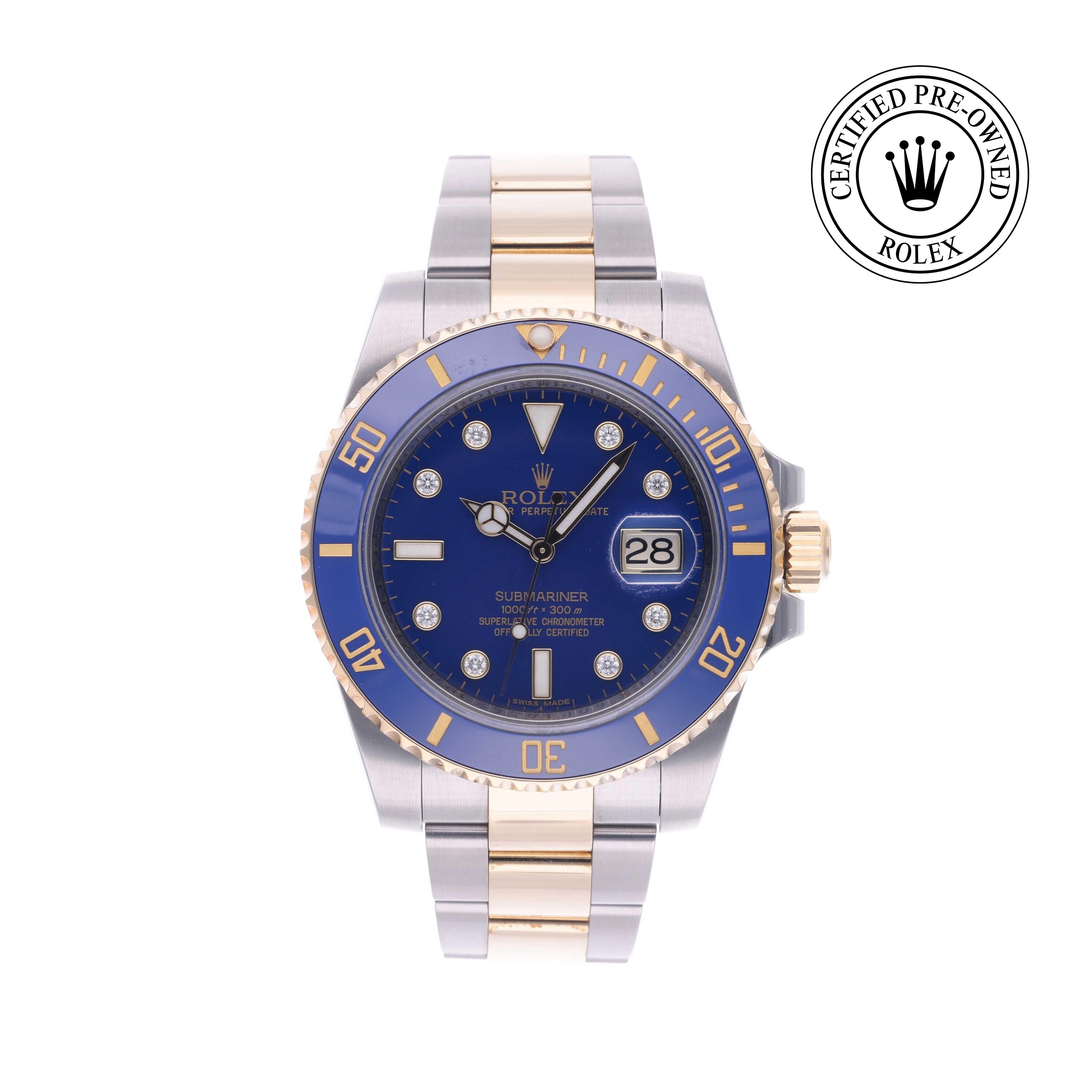 Rolex Certified Pre-owned Submariner M116613LB-0003 front on white background
