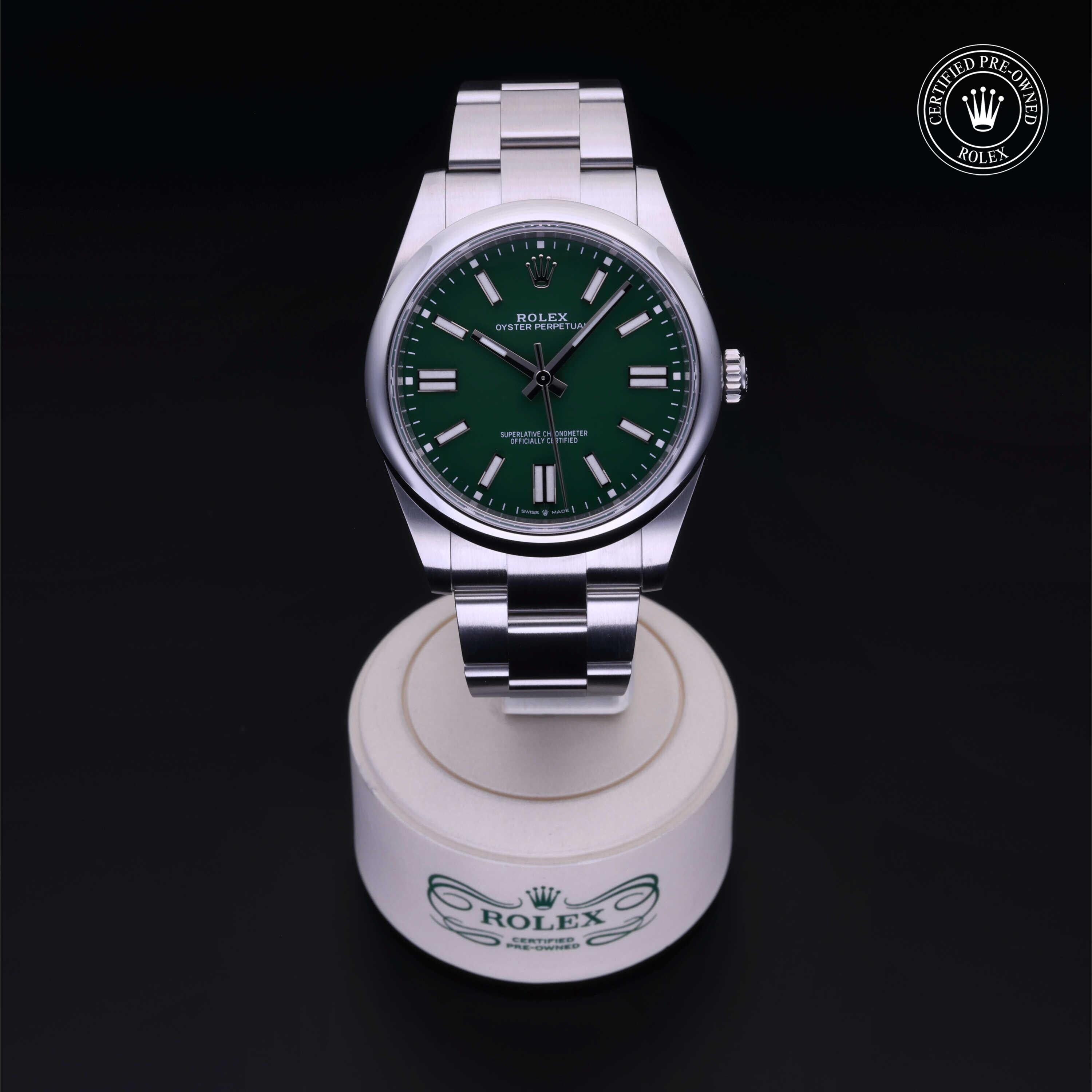 Rolex Certified Pre-owned Oyster Perpetual M124300-0005 front on black background