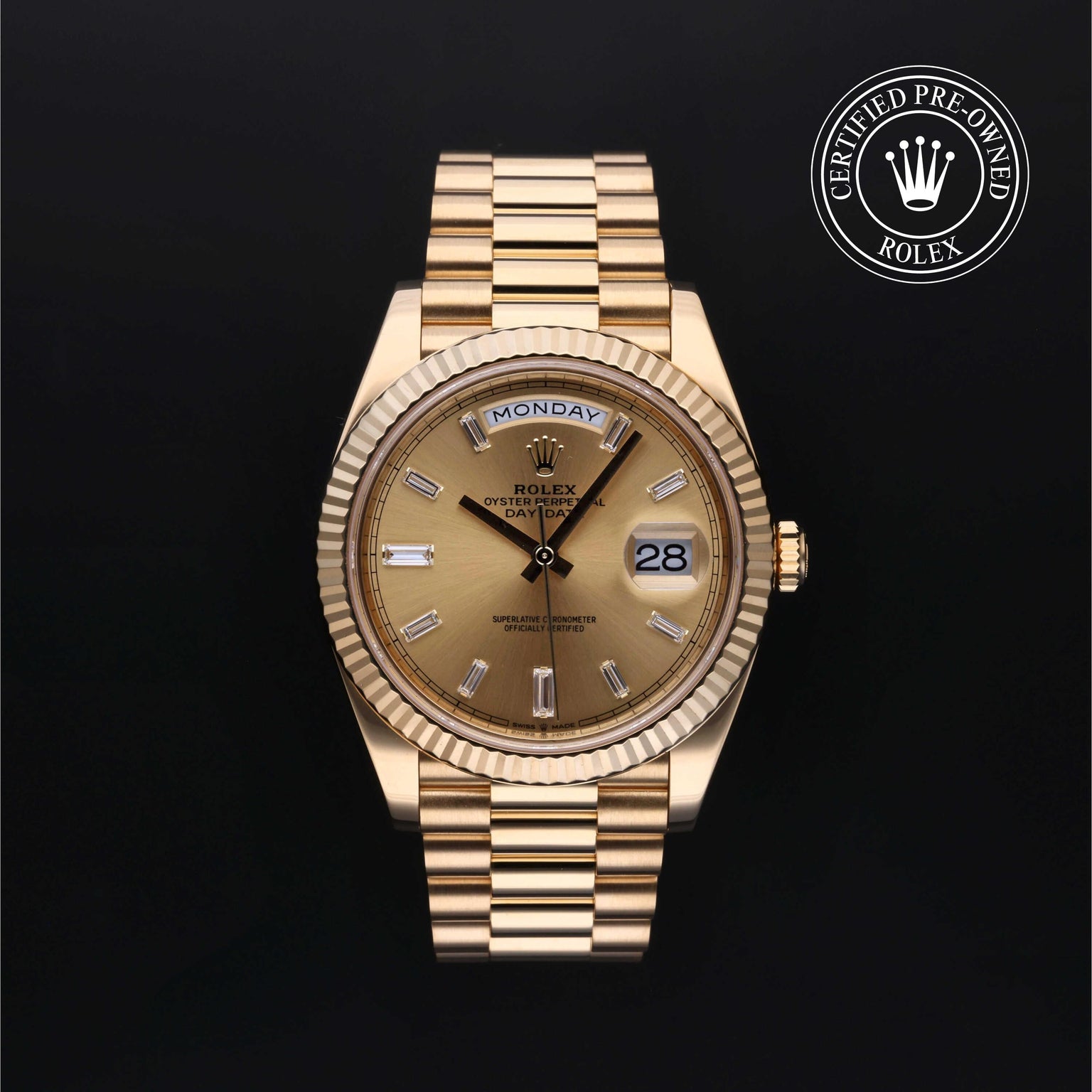 Rolex Certified Pre-owned Day-date M228238-0005 front on black background