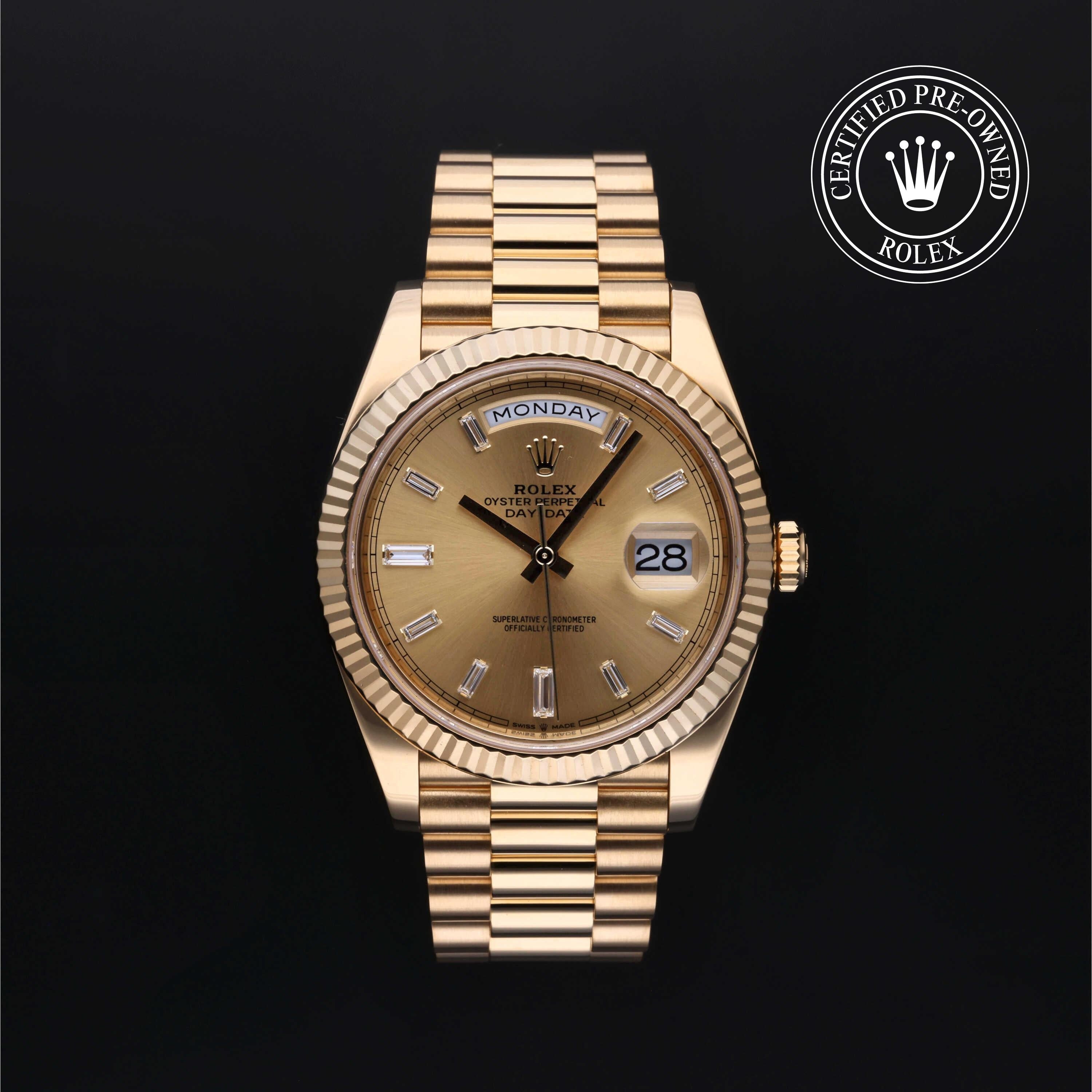 Rolex Certified Pre-owned Day-date M228238-0005 front on black background