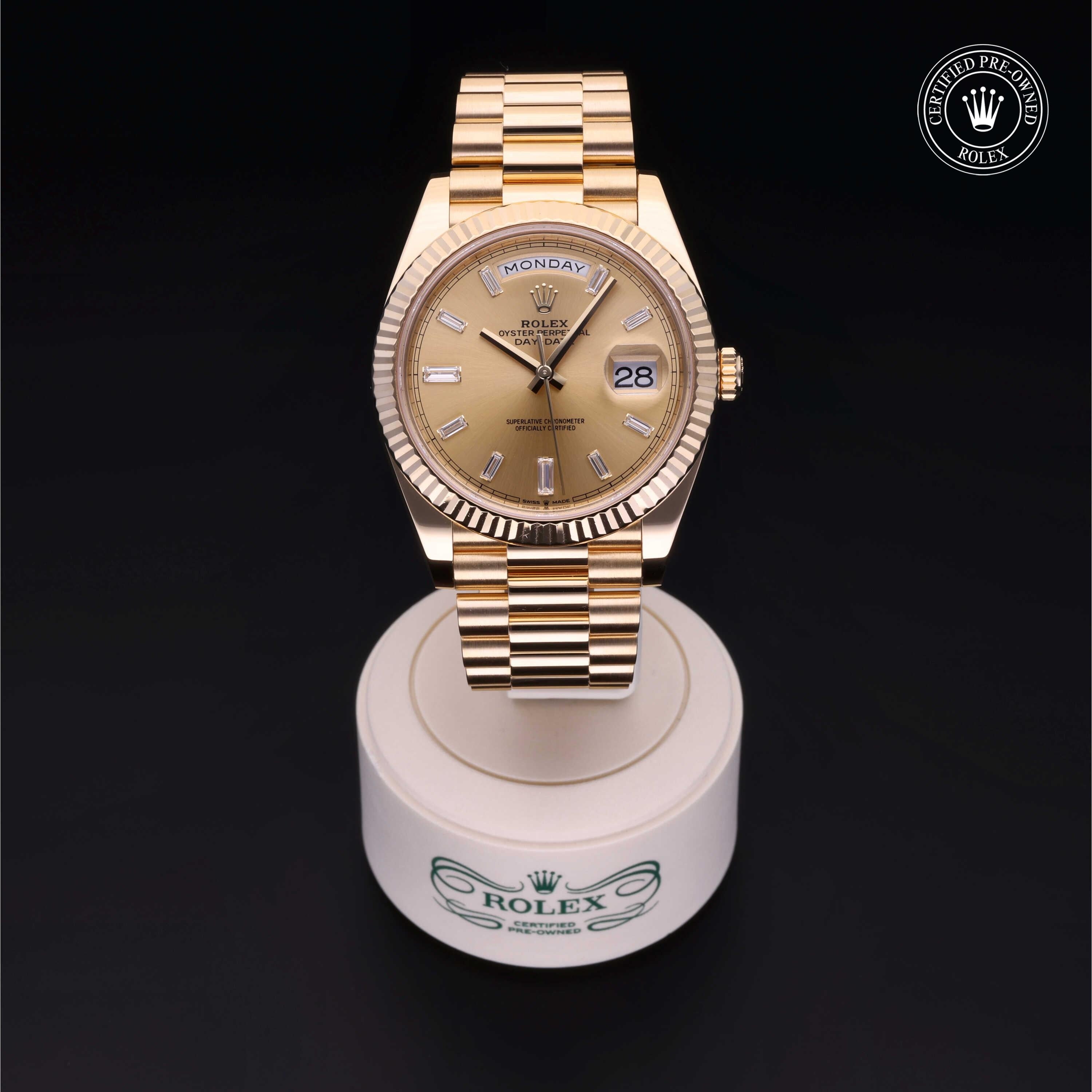 Rolex Certified Pre-owned Day-date M228238-0005 front on black background