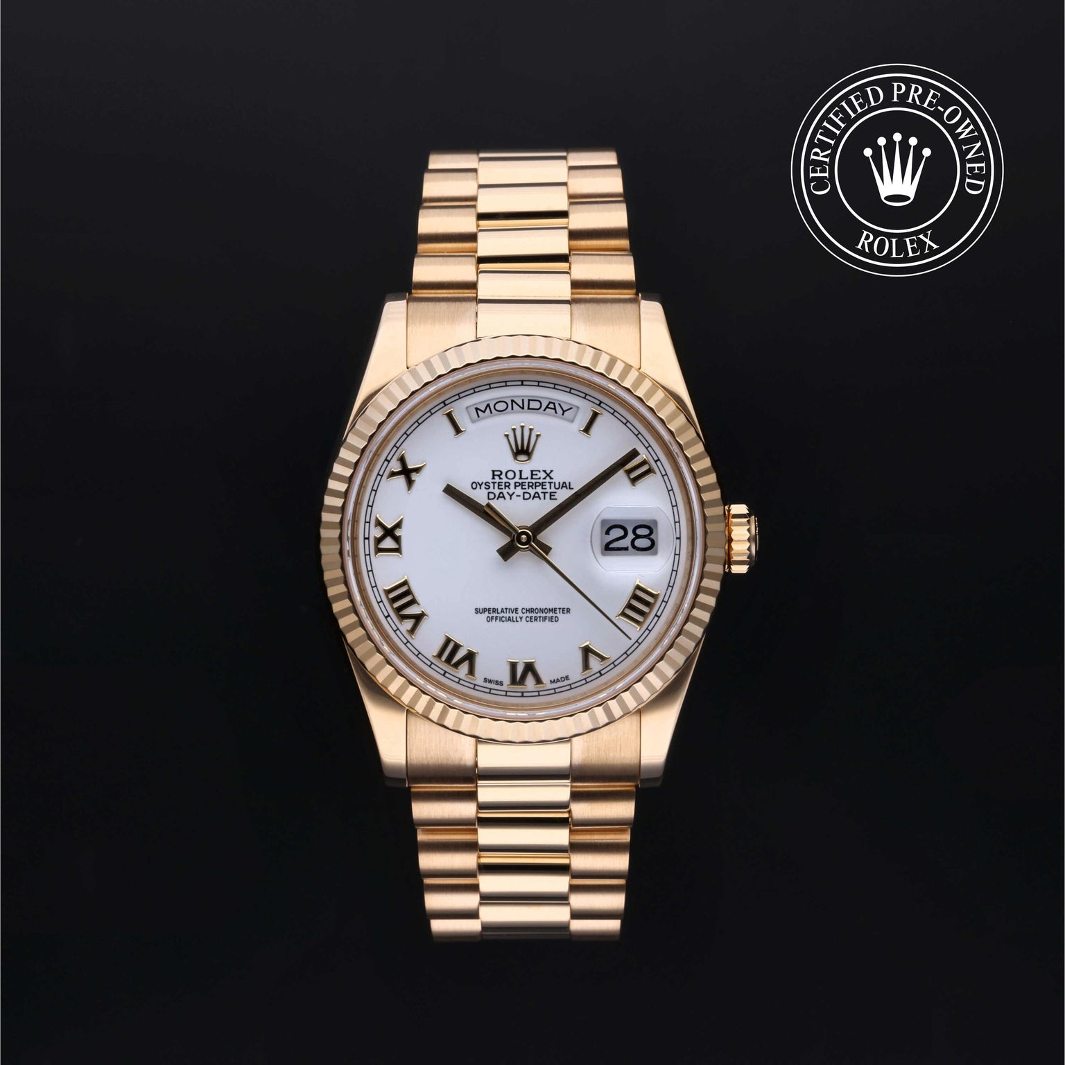 Rolex Certified Pre-owned Day-date M118238-0122 front on black background